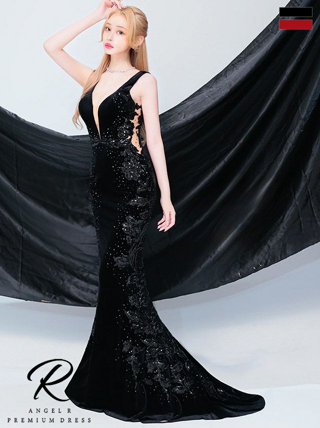 キャバドレス ロングドレス Angel-R エンジェルアール 　高級ノースリーブベルベットスパンコールレースくびれタイトロングドレス