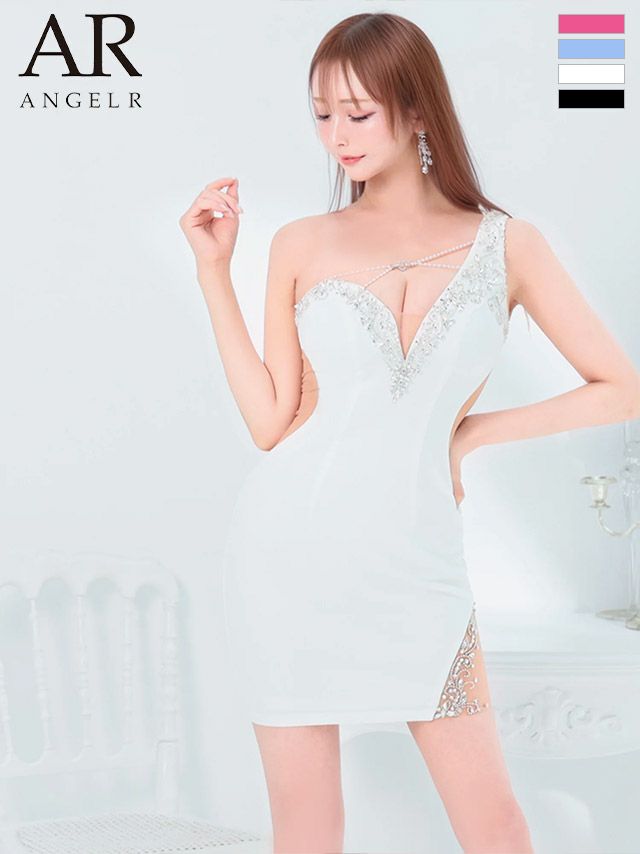 キャバドレス ミニドレス Angel-R エンジェルアール 　高級ワンショルダーハートチャームビジューくびれタイトミニドレス