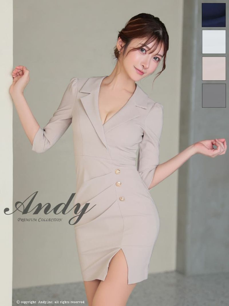 キャバドレス Andy アンディ　高級袖あり襟デザインゴールドボタンシンプルタイトミニドレス