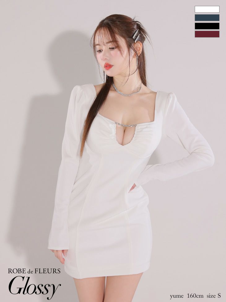 キャバドレス ミニドレス ROBEdeFLEURSGlossy ローブドフルールグロッシー　高級長袖バックリボンスクエアカットシルバーチェーンタイトミニドレス