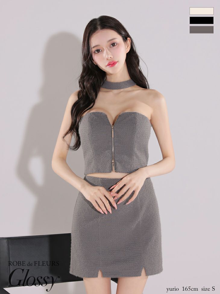 キャバドレス ミニドレス ROBEdeFLEURSGlossy ローブドフルールグロッシー　高級ニットフロントジップセットアップチョーカー風デザインシンプルタイトミニドレス