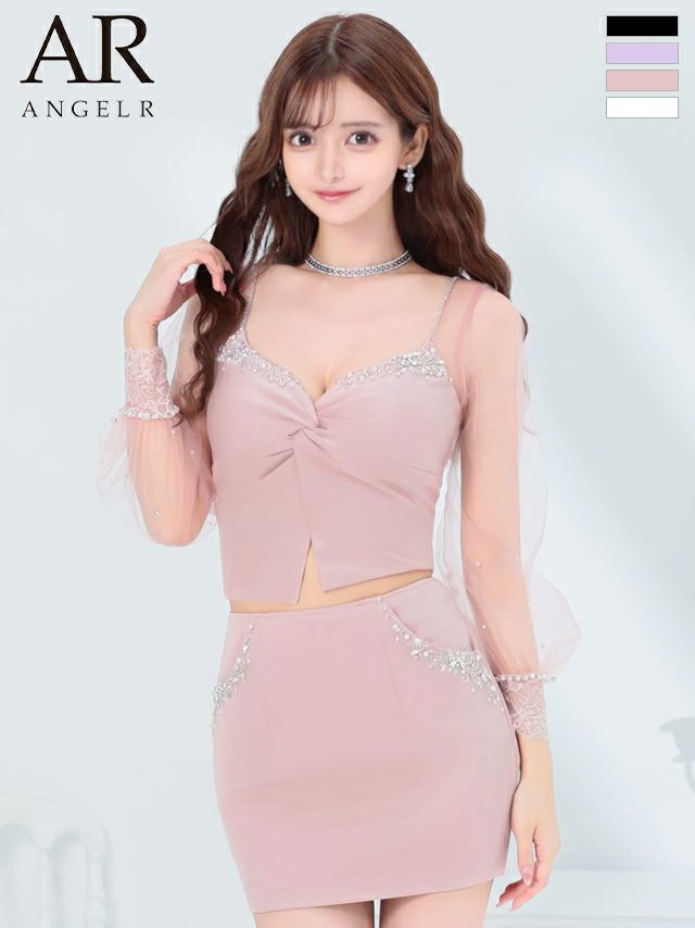 キャバドレス ミニドレス Angel-R エンジェルアール 　高級長袖セットアップポケットデザインレースビジュータイトミニドレス