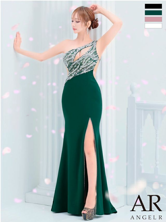 キャバドレス ロングドレス Angel-R エンジェルアール 　高級ワンショルダーバストカットスリットビジューくびれゴージャスタイトロングドレス