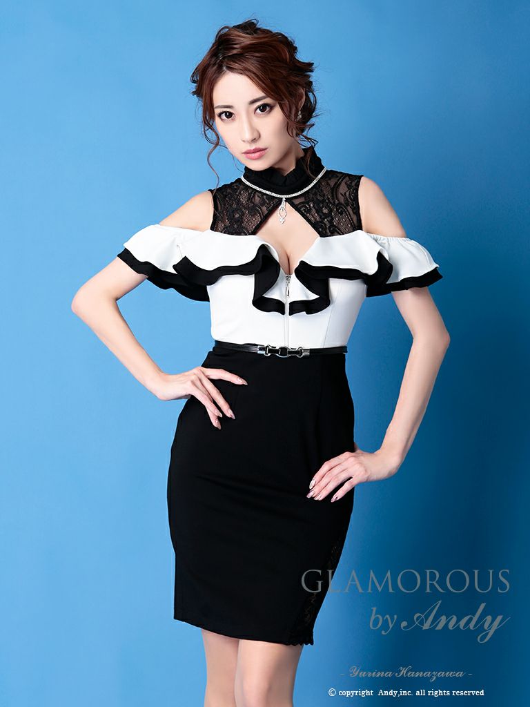 キャバドレス AndyGLAMOROUS アンディグラマラス　高級肩あきウエストベルトジップビジューフリルレースタイトミニドレス