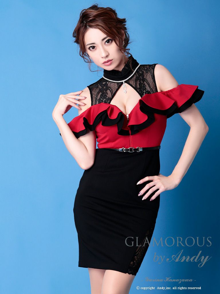 キャバドレス AndyGLAMOROUS アンディグラマラス　高級肩あきウエストベルトジップビジューフリルレースタイトミニドレス