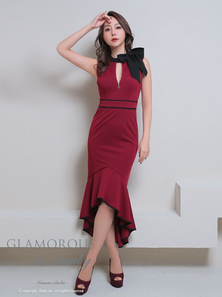 キャバドレス AndyGLAMOROUS アンディグラマラス　高級ノースリーブネックリボンジップロングテールドレス