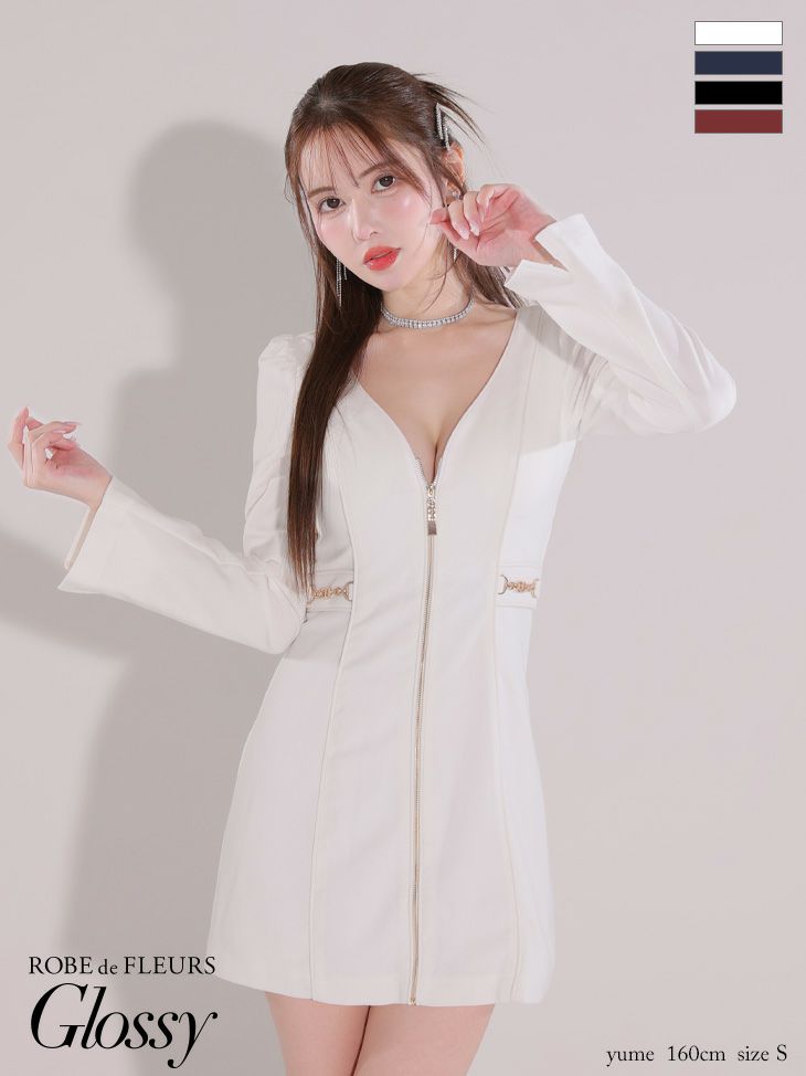 キャバドレス ミニドレス ROBEdeFLEURSGlossy ローブドフルールグロッシー　高級長袖フロントジップウエストゴールドチャームタイトミニドレス