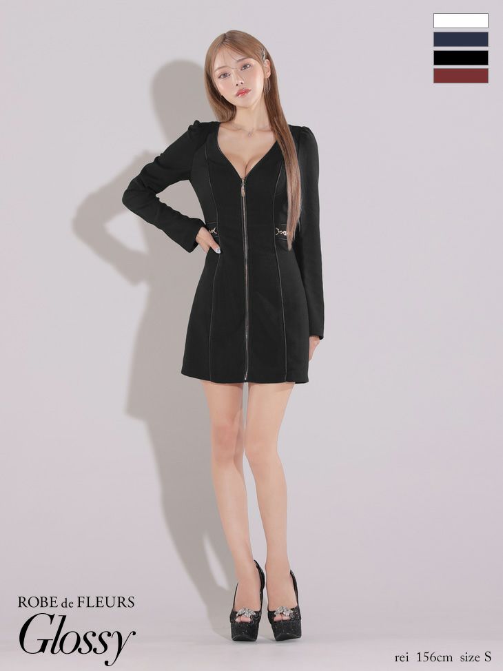 キャバドレス ミニドレス ROBEdeFLEURSGlossy ローブドフルールグロッシー　高級長袖フロントジップウエストゴールドチャームタイトミニドレス
