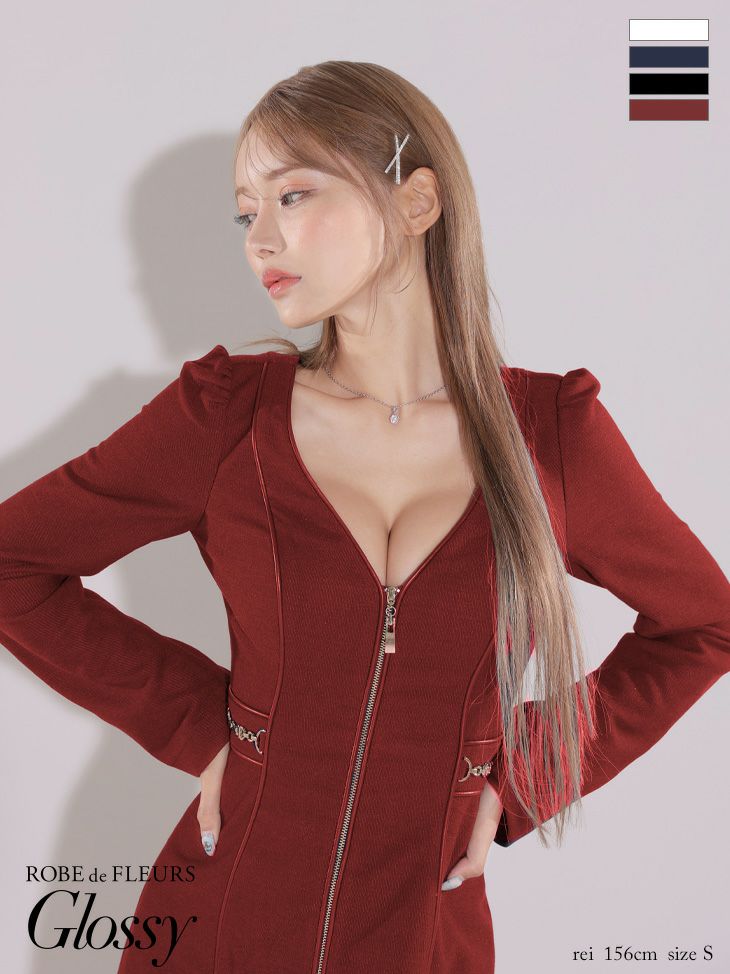 キャバドレス ミニドレス ROBEdeFLEURSGlossy ローブドフルールグロッシー　高級長袖フロントジップウエストゴールドチャームタイトミニドレス