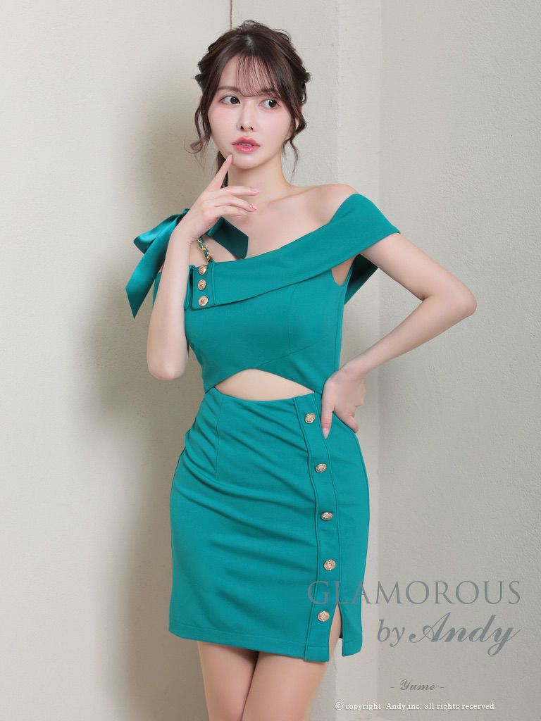 キャバドレス AndyGLAMOROUS アンディグラマラス　高級オフショルダーウエストカットゴールドボタンチェーンリボンスリットタイトミニドレス