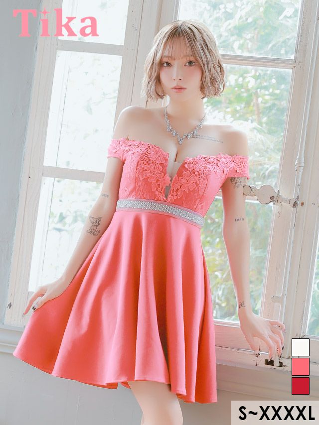 フラワー刺繍 バストシアー オフショルダー ウエストビジュー フレア ミニ ドレス