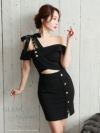 キャバドレス AndyGLAMOROUS アンディグラマラス　高級オフショルダーウエストカットゴールドボタンチェーンリボンスリットタイトミニドレス