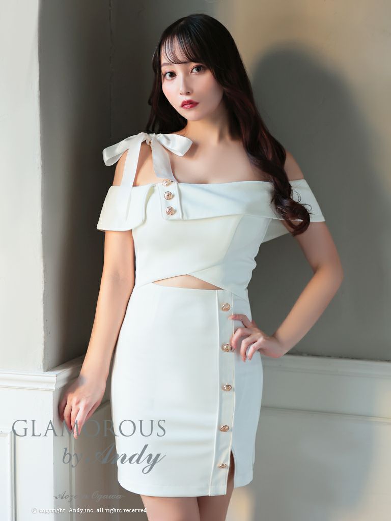 キャバドレス AndyGLAMOROUS アンディグラマラス　高級オフショルダーウエストカットゴールドボタンチェーンリボンスリットタイトミニドレス