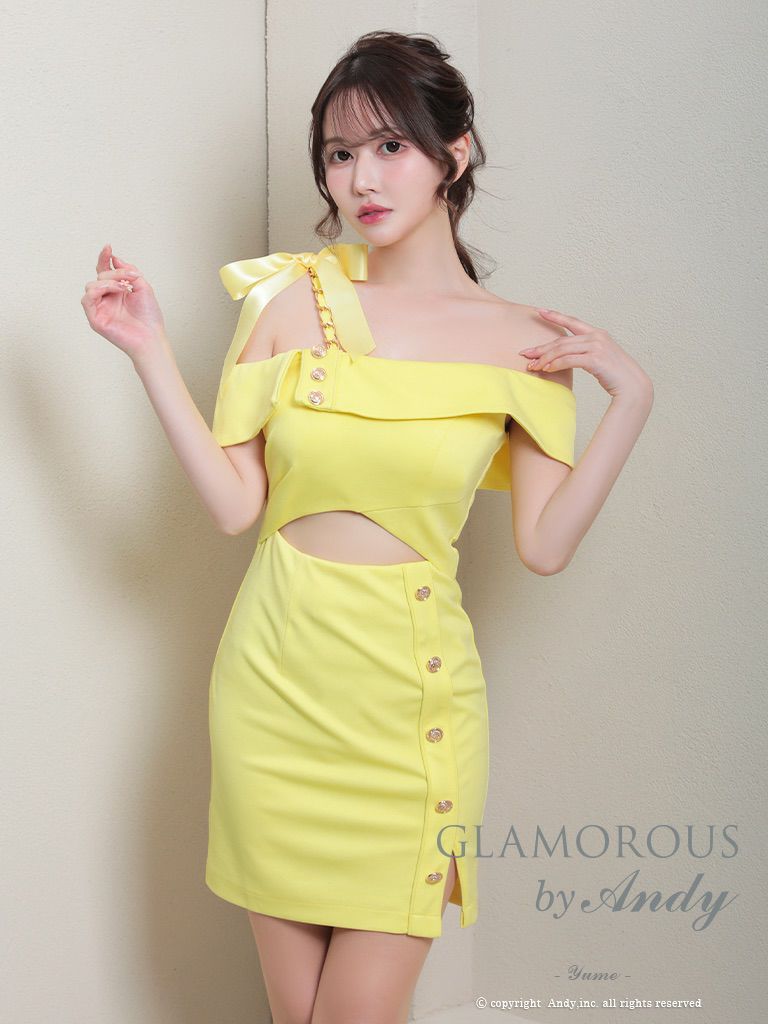 キャバドレス AndyGLAMOROUS アンディグラマラス　高級オフショルダーウエストカットゴールドボタンチェーンリボンスリットタイトミニドレス