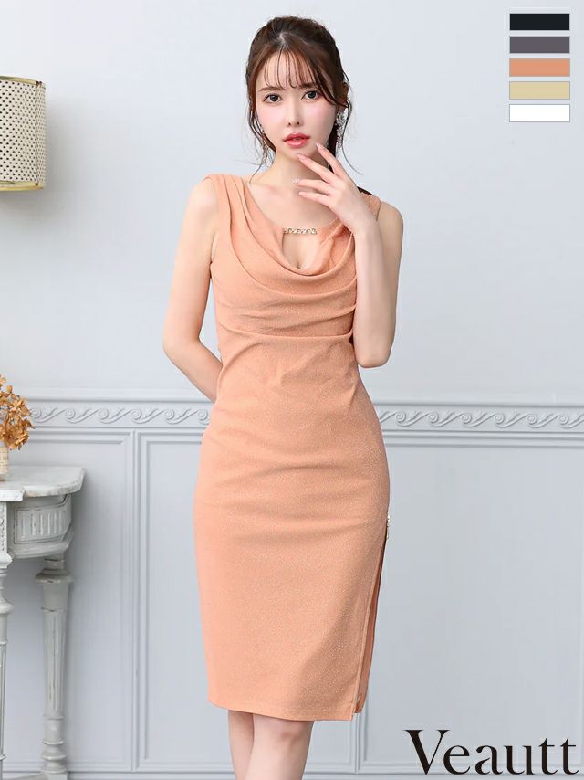 キャバドレス 膝丈ドレス Veautt/ヴュート 高級ノースリーブサイドジップゴールドチャームシンプルワンカラーラメタイト膝丈ドレス