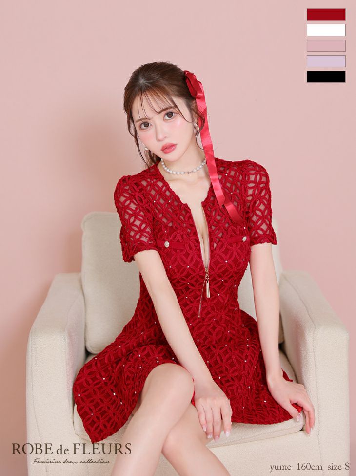 キャバドレス ミニドレス ROBEdeFLEURS ローブドフルール　高級ビジューバストジップシースルーレース半袖フレアミニドレス