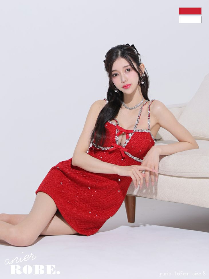  anier.ROBE アニエルローブ 高級キャミソールラメツイードリボンビジュータイトミニサンタコスプレドレス
