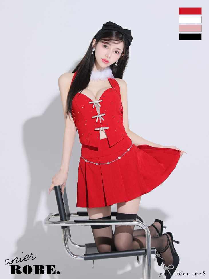 anier.ROBE アニエルローブ 高級ノースリーブセットアップファーチョーカースタッズフレアミニサンタコスプレドレス
