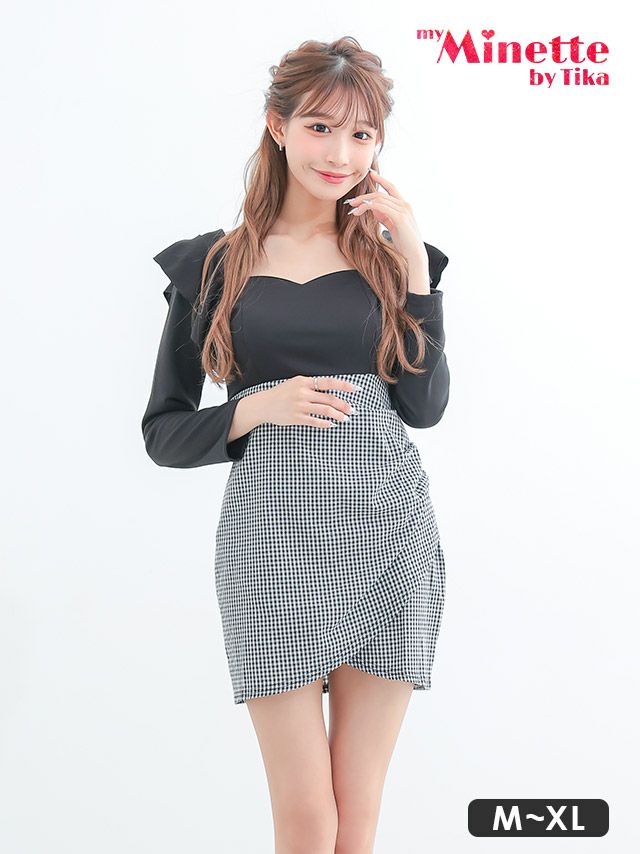 キャバドレス myMinette マイミネット 長袖 フリル ギンガムチェック柄 ウエスト切替 タイト ミニドレス