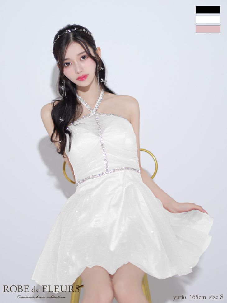 キャバドレス ミニドレス ROBEdeFLEURS ローブドフルール　高級ホルターネックラメチュールビジューワンカラーフレアミニドレス