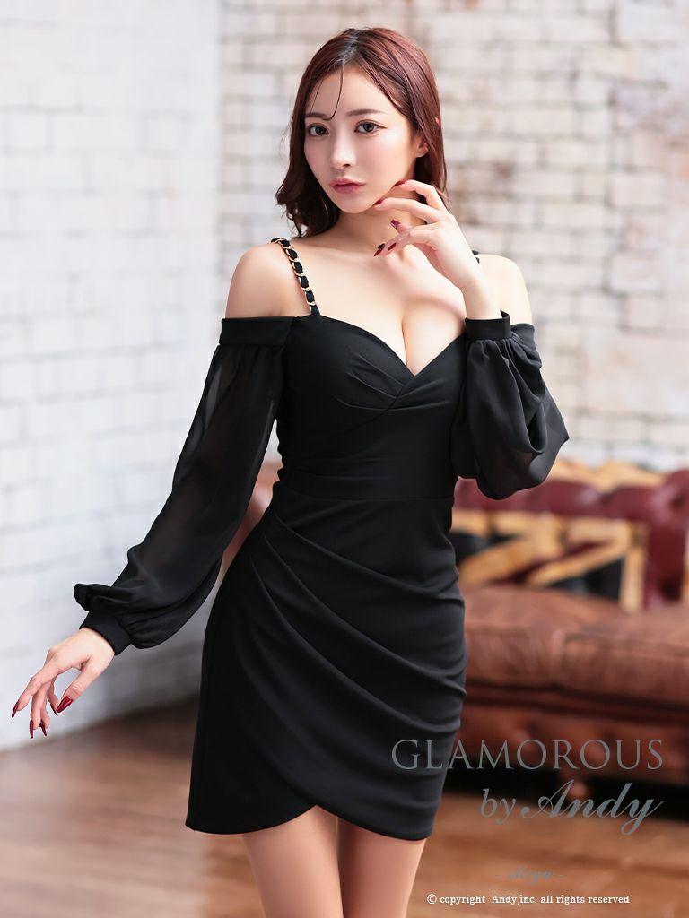 キャバドレス AndyGLAMOROUS アンディグラマラス　高級肩あき長袖チェーンシンプルワンカラータイトミニドレス