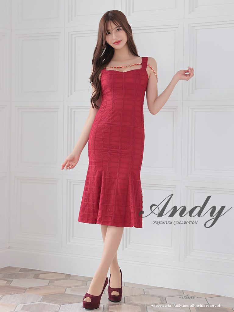 キャバドレス Andy アンディ　高級チェック柄ノースリーブレースチェーンタイトロングドレス