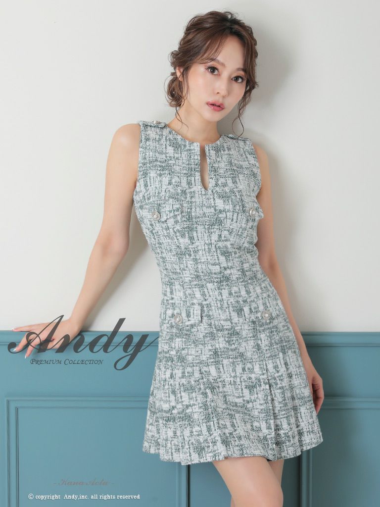 キャバドレス Andy アンディ　高級ノースリーブチェック柄ツイードポケットデザインフレアミニドレス