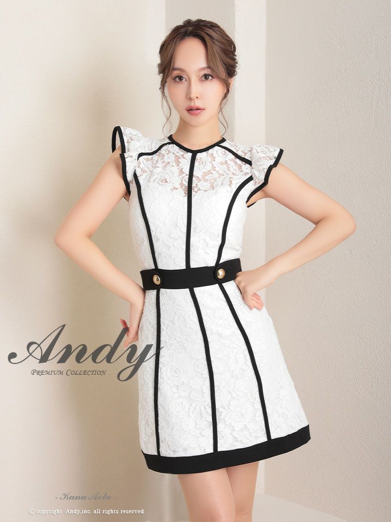 キャバドレス Andy アンディ　高級ノースリーブウエストベルトフラワーレースパイピングフレアミニドレス