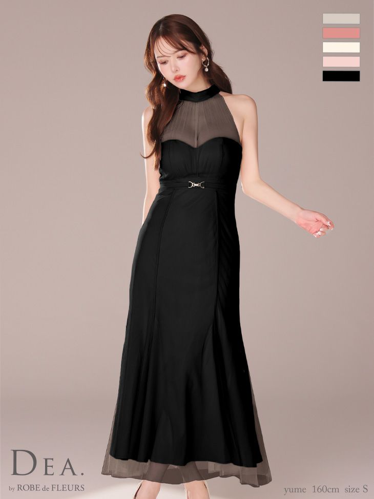 キャバドレス ロングドレス DEA.byROBEdeFLEURS ディアバイローブドフルール　高級シースルーホルターネックウエストベルトネックリボンチュールAラインロングドレス