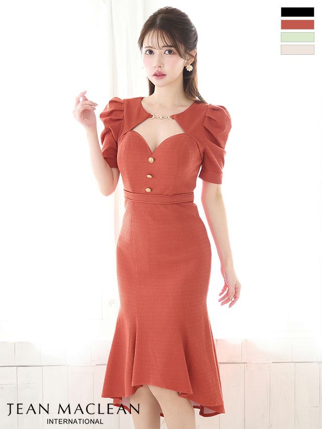 キャバドレス ミニドレス JEANMACLEAN ジャンマクレーン 高級袖ありゴールドボタン柄織りニットタイト膝丈ドレス