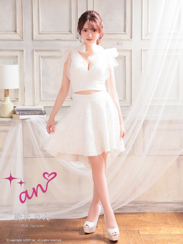 キャバドレス an アン　高級チュールショルダーリボンキャミソールセットアップチェック柄スカートフレアミニドレス