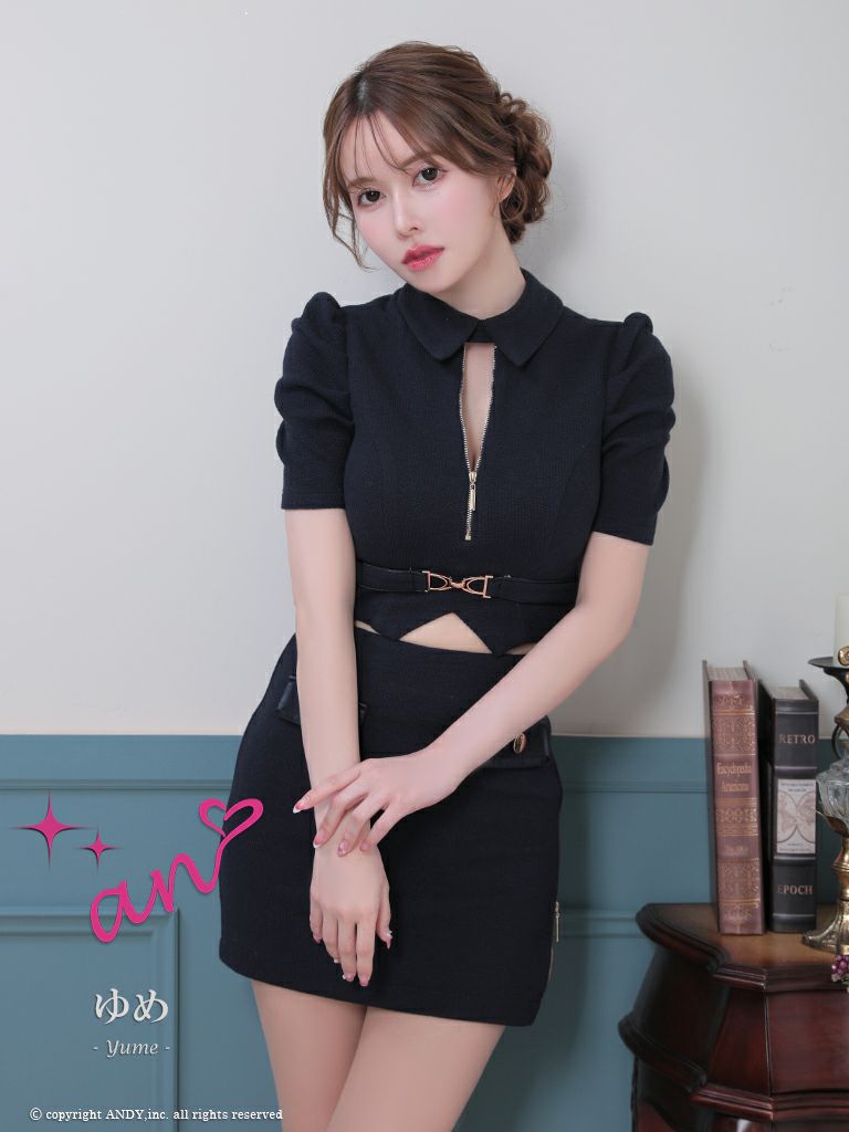 キャバドレス an アン　高級半袖セットアップジップ襟デザインウエストベルトポケットデザインタイトミニドレス