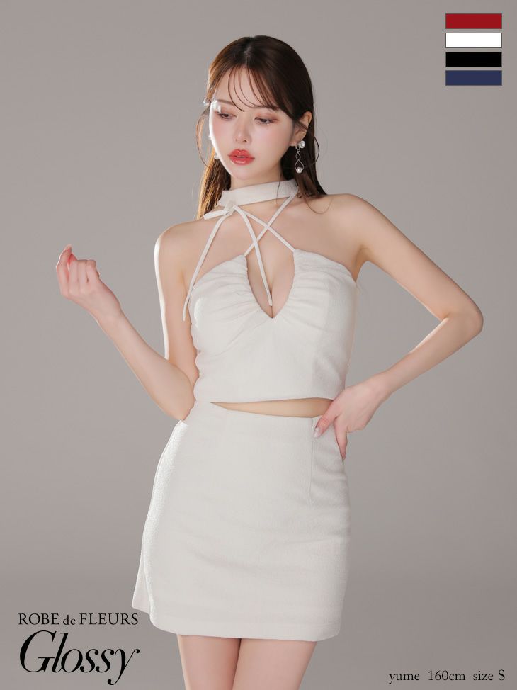 キャバドレス ミニドレス ROBEdeFLEURSGlossy ローブドフルールグロッシー　高級ホルターネックセットアップリボンラメ入りワンカラータイトミニドレス