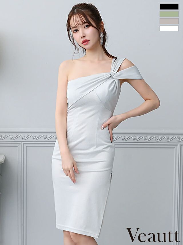 キャバドレス ミニドレス Angel-R エンジェルアール 　高級ワンショルダージップラメシンプルワンカラータイト膝丈ドレス