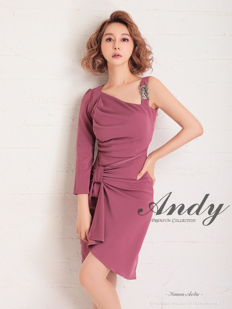 キャバドレス Andy アンディ 高級袖ありワンショルダーウエストリボンワンカラータイトミニドレス