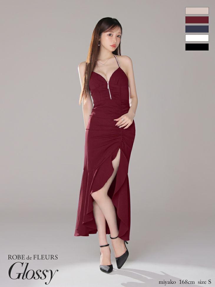 キャバドレス 前ミニドレス ROBEdeFLEURSGlossy ローブドフルールグロッシー　高級ホルターネックジップネックリボンショルダービジューラメロングテールドレス