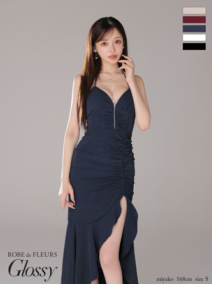 キャバドレス 前ミニドレス ROBEdeFLEURSGlossy ローブドフルールグロッシー　 高級ホルターネックジップネックリボンショルダービジューラメロングテールドレス