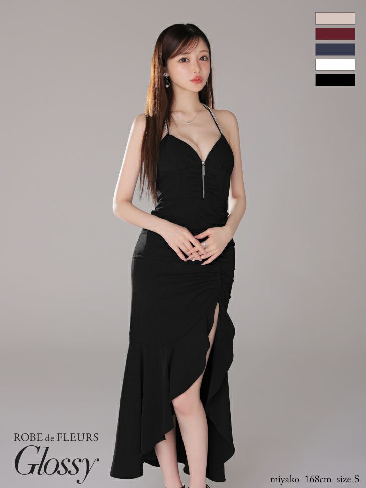 キャバドレス 前ミニドレス ROBEdeFLEURSGlossy ローブドフルールグロッシー　高級ホルターネックジップネックリボンショルダービジューラメロングテールドレス
