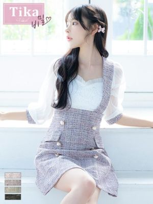 [韓国ドレス] サロペット ガーリー ツイード シフォン 袖あり 七分袖 フレアミニドレス (Sサイズ～Lサイズ) (緩苺/キャバドレス着用) [TikaPimil]