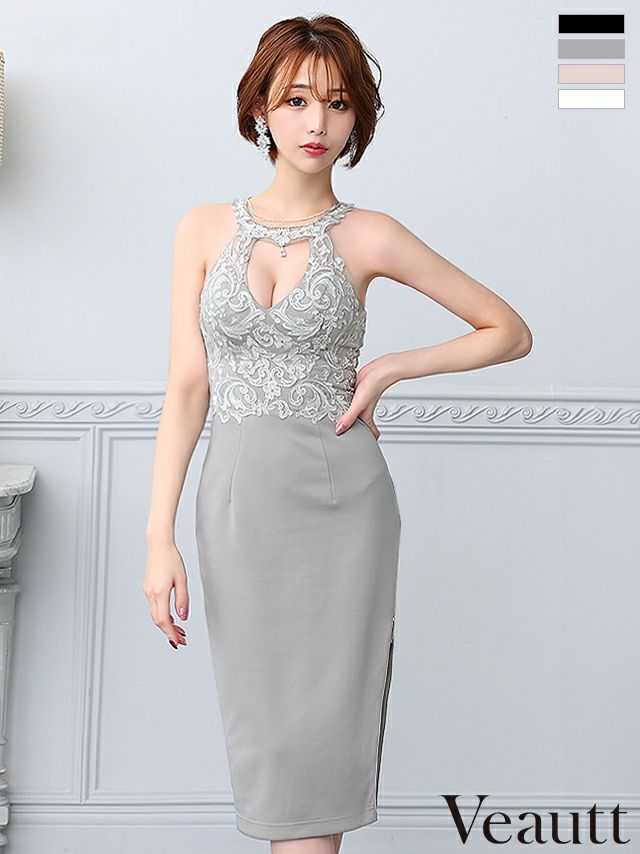 キャバドレス 膝丈ドレス Veautt/ヴュート 高級ホルターネックジップ刺繍デザインバストカットビジュータイト膝丈ドレス