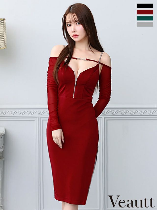 キャバドレス 膝丈ドレス Veautt/ヴュート 高級肩あき長袖ジップデコルテストラップワンカラータイト膝丈ドレス