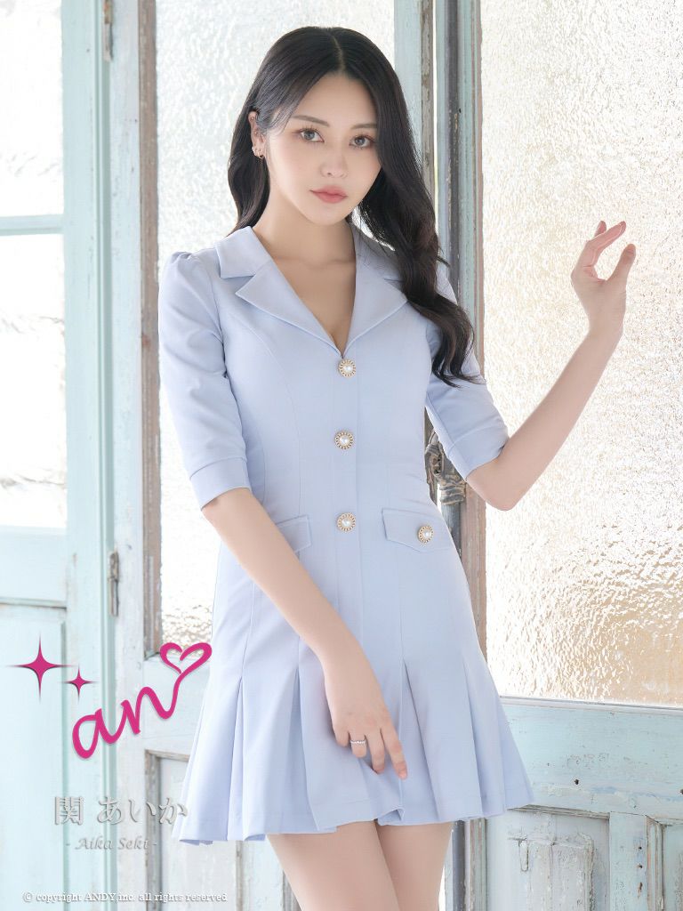 キャバドレス an アン　高級袖あり襟デザインパールボタンポケットデザインフレアミニドレス