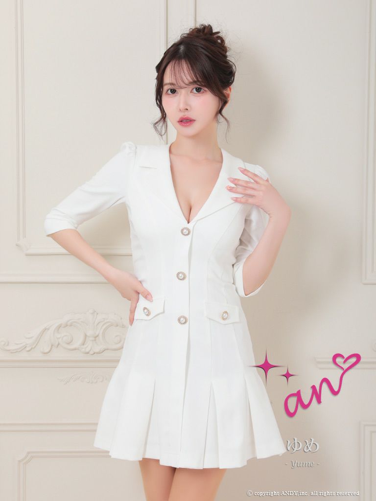 キャバドレス an アン　高級袖あり襟デザインパールボタンポケットデザインフレアミニドレス
