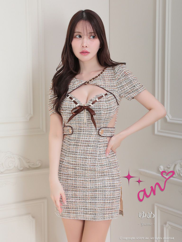 キャバドレス an アン　高級チェック柄半袖ツイードウエストカットくびれジップバストカットリボンチェーンタイトミニドレス