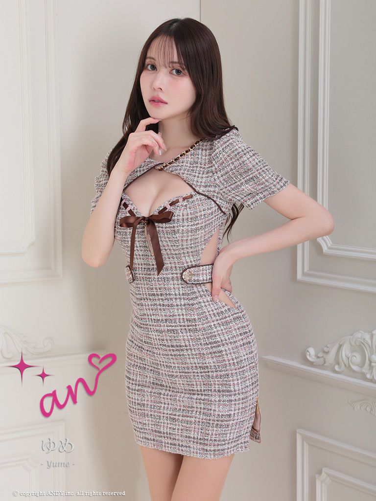 キャバドレス an アン　高級チェック柄半袖ツイードウエストカットくびれジップバストカットリボンチェーンタイトミニドレス