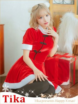 サンタコス 2点set チャイナデザインフレアスカートガーリー袖ありサンタコスプレ [ワンピース＋ポンポン]