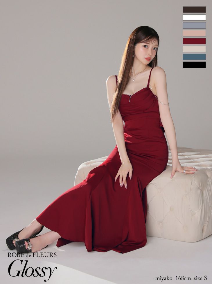 キャバドレス ロングドレス ROBEdeFLEURSGlossy ローブドフルールグロッシー　高級キャミソールビジューチェーンサテンマーメイドタイトロングドレス