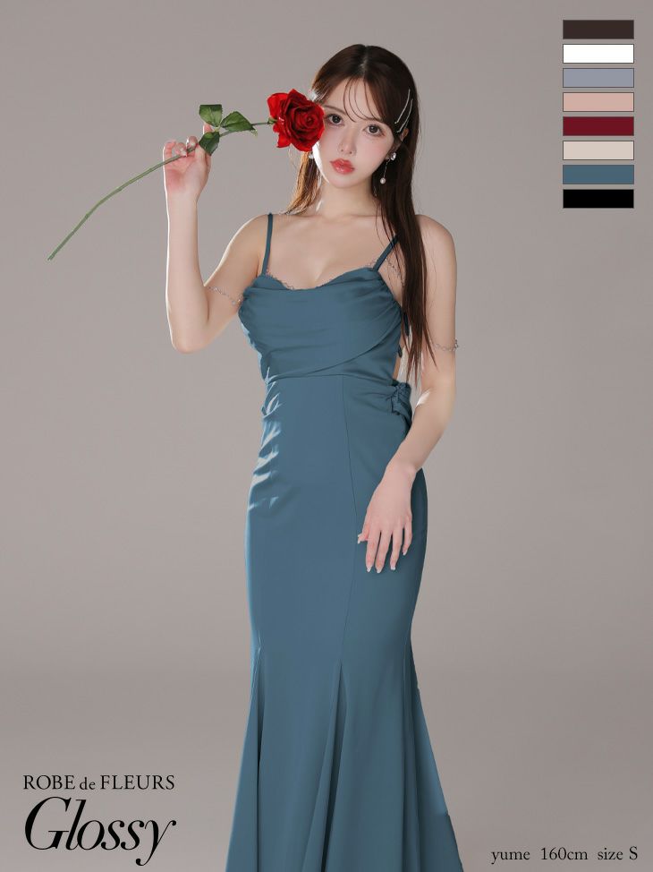 キャバドレス ロングドレス ROBEdeFLEURSGlossy ローブドフルールグロッシー　高級キャミソールビジューチェーンサテンマーメイドタイトロングドレス