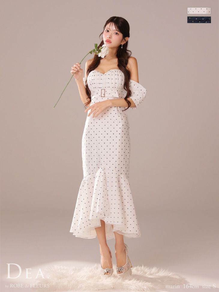 キャバドレス ロングドレス DEA.byROBEdeFLEURS ディアバイローブドフルール　高級ドット柄オフショルダーウエストベルトマーメイドタイトロングドレス