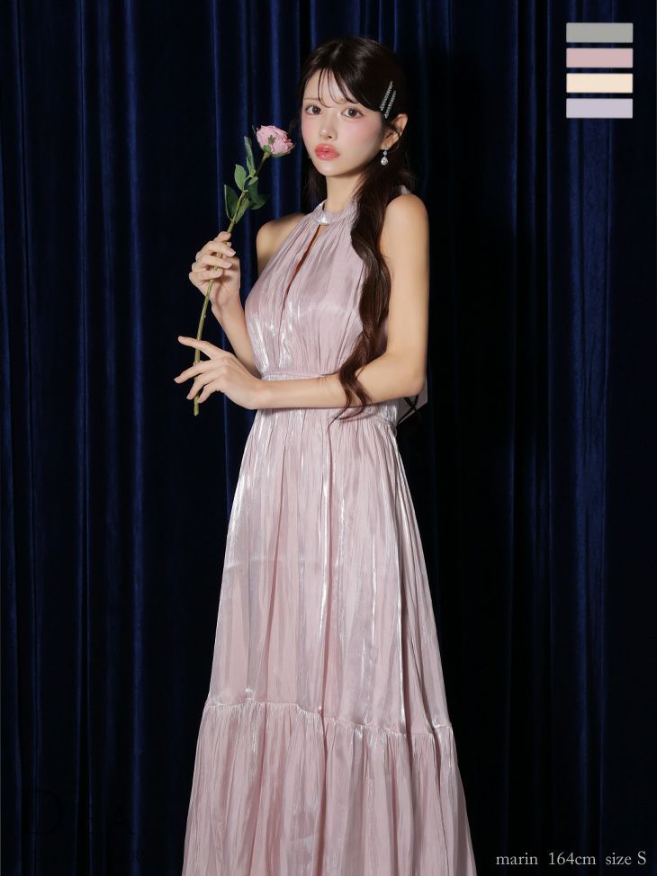 キャバドレス ロングドレス DEA.byROBEdeFLEURS ディアバイローブドフルール　高級ホルターネックバストカットサテンネックリボン2wayAラインロングドレス